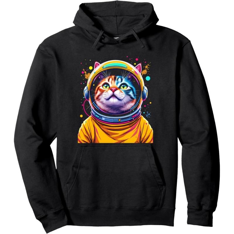 Men's a cat in space wearing an astronaut helmet, combining whimsy and cosmic adventure Graphic Hoodie/Graphic T-Shirt - Regular Fit | Soft & Breathable Fabric, Durable Print, Everyday Comfort, Machine Washable, vibrant and colorful digital art with a pop