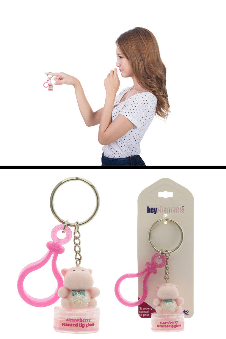 Pink Hippo Strawberry Lip Gloss With Plastic clip Key Chain KEKC5135