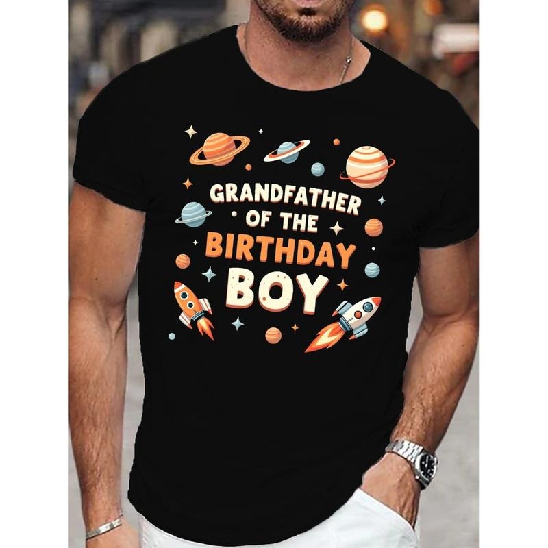 Men's space and birthday celebration, specifically for a grandfather of the birthday boy Graphic T-Shirt - 100% Cotton Black Short Sleeve Crew Neck Regular Fit Casual Wear | Soft & Breathable Fabric, Durable Print, Everyday Comfort, Machine Washable,