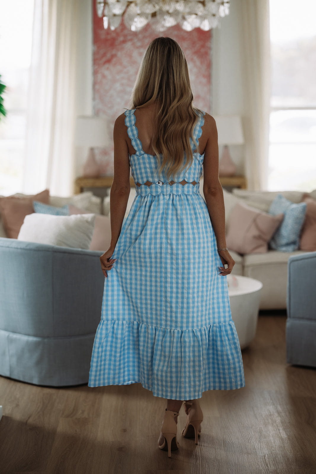Soft Spring Moment Gingham Midi Dress - Blue