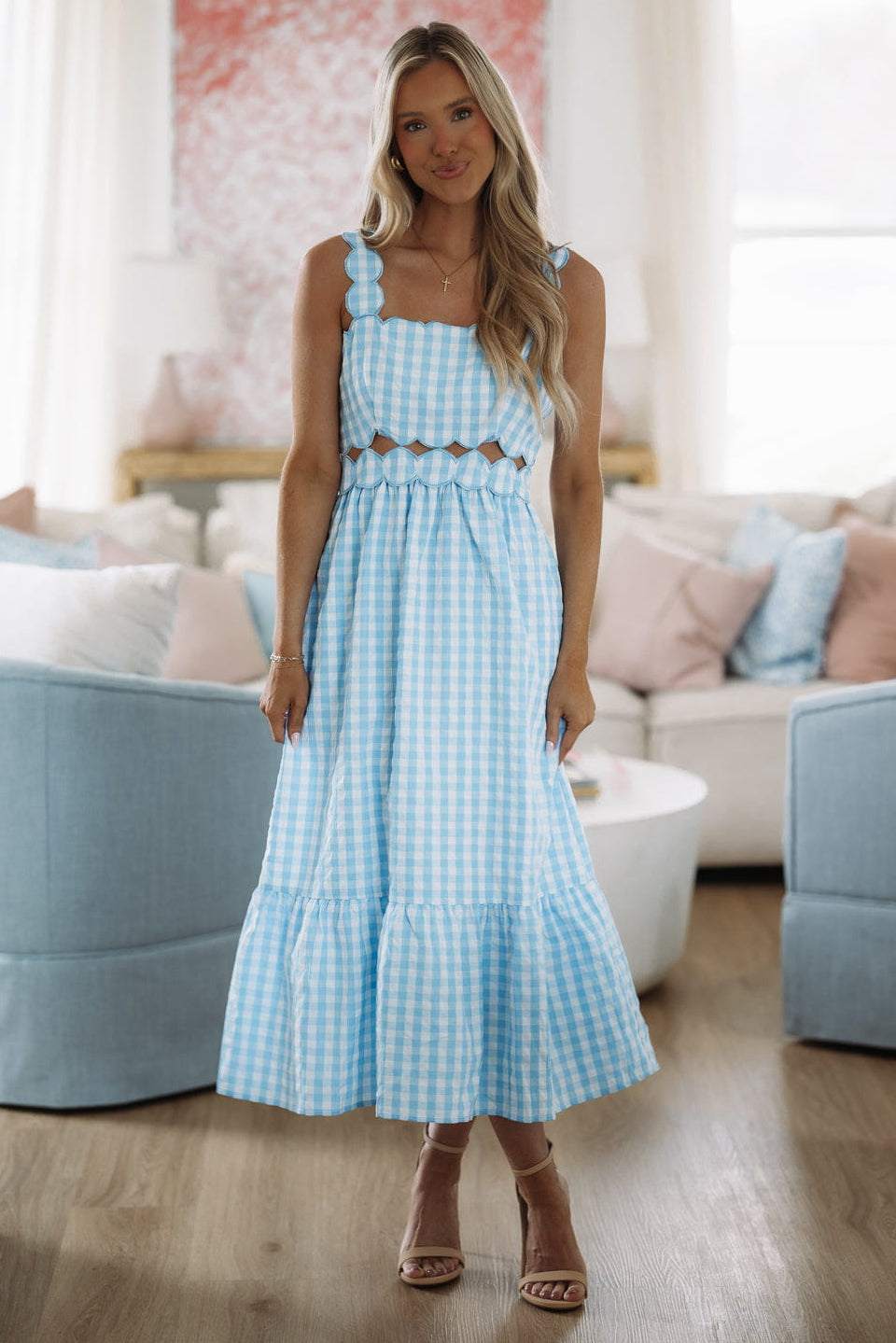 Soft Spring Moment Gingham Midi Dress - Blue