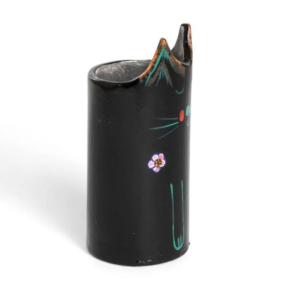 Cat-Themed Ceramic Decorative Vase Utensil and Pen Holder 'Petite Black Feline Organizer'