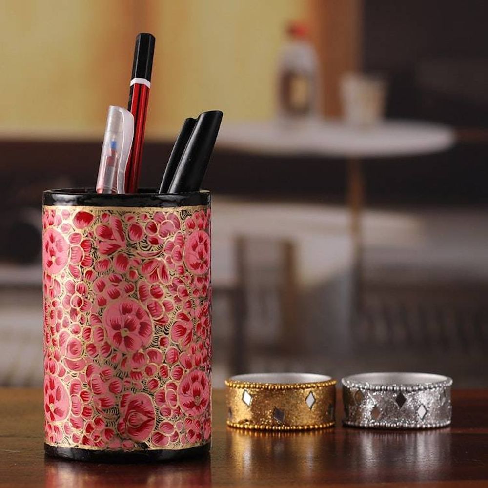 Round Pink and Golden Wood and Papier Mache Pen Holder 'Springtime Pink'