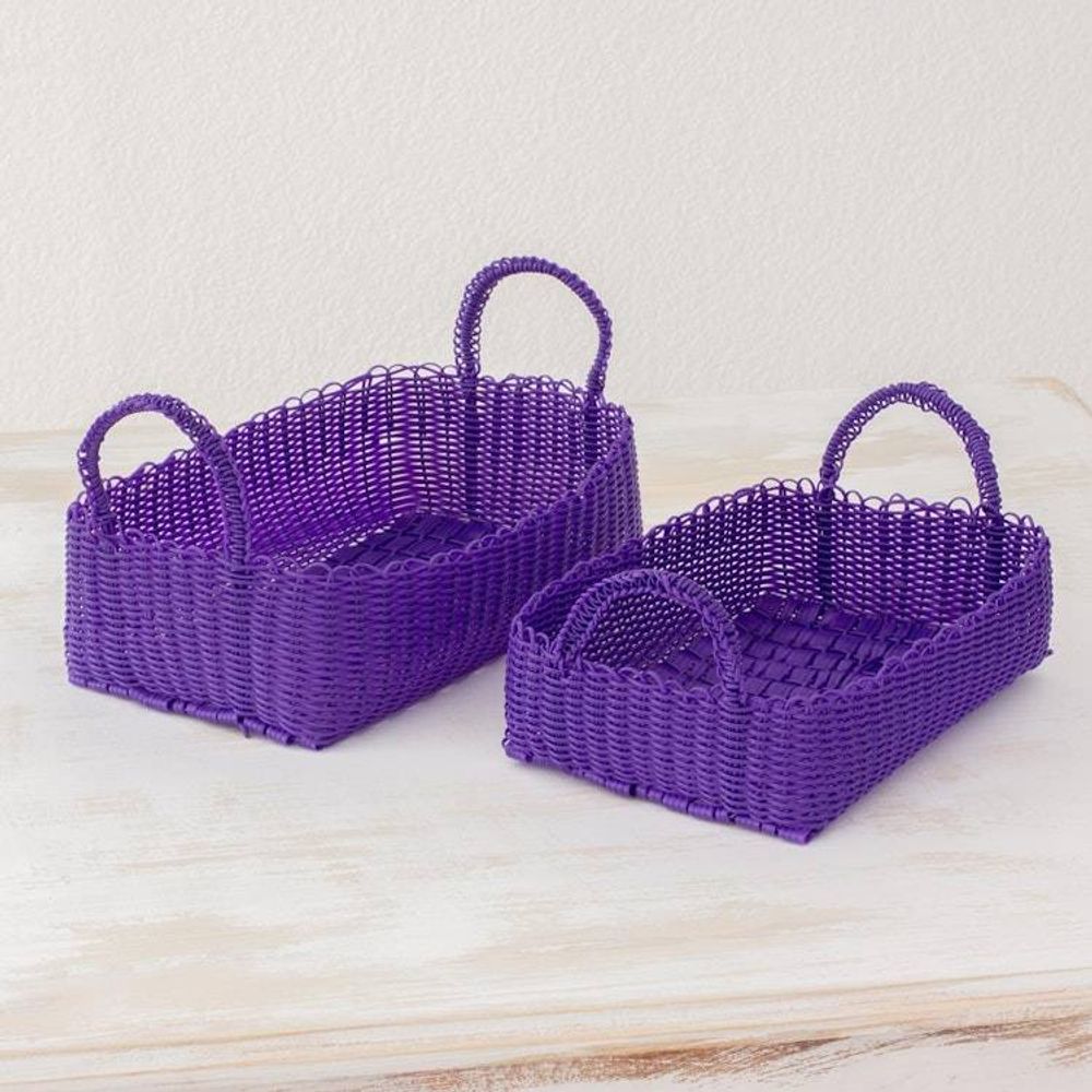 Two Recycled Handwoven Baskets in Purple from Guatemala 'Home Warmth in Regal Purple'
