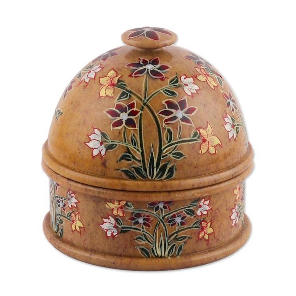 Hand-Painted Floral and Leaf-Themed Soapstone Decorative Jar 'Floral Kisses'