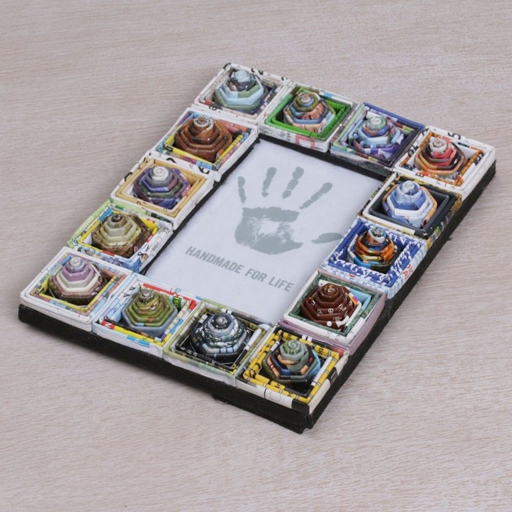 Artisan Crafted 3x5 Recycled Paper Frame Geometric Motifs 'Hexagonal Squares'