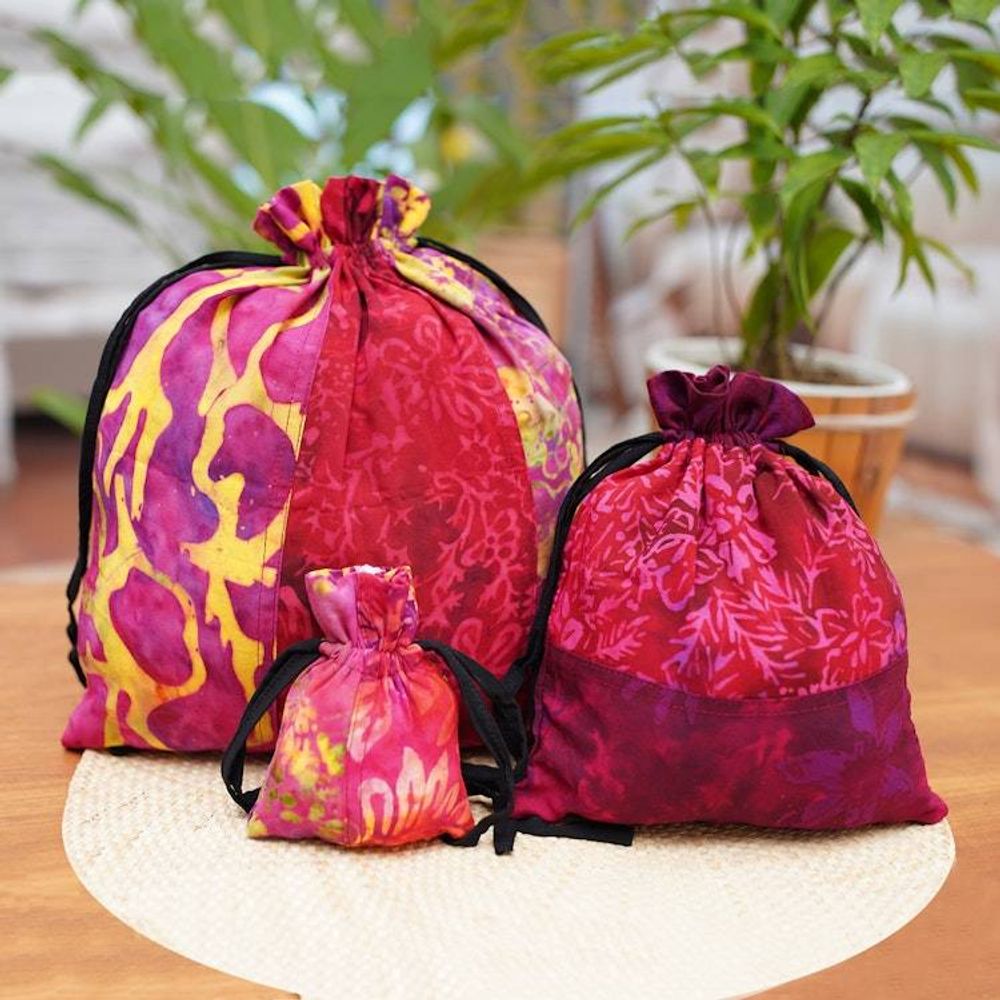 Upcycled Set of 3 Red and Pink Batik Patchwork Gift Pouches 'Flaming Joy'