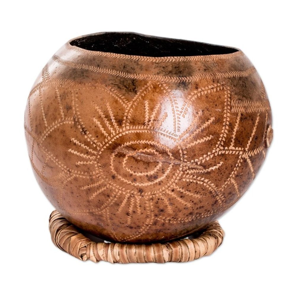 Hand-Carved Sunflower-Themed Dried Gourd Decorative Accent 'Sunflower Essence'