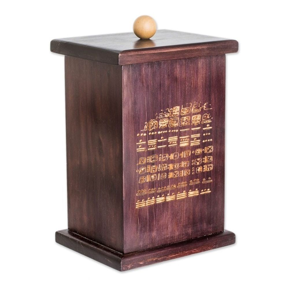 Pinewood Decorative Box with Pyrography Mayan Motif 'Dresden Codex'