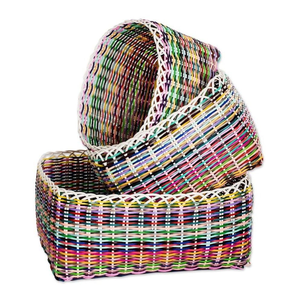 Set of 3 Eco-Friendly Handwoven Colorful Nesting Baskets 'Sustainable Organization'