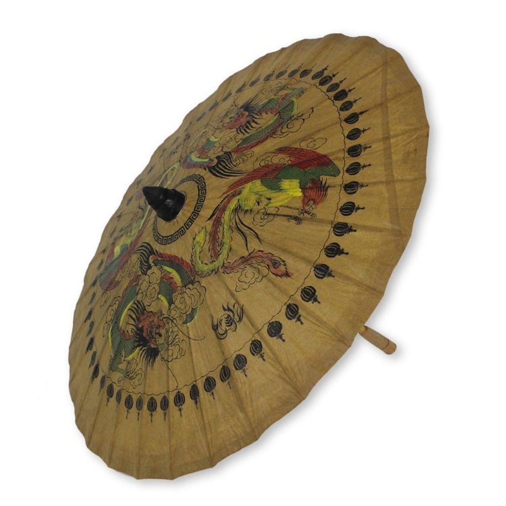Hand Made Paper and Bamboo Parasol 'Dragons and Peacocks'