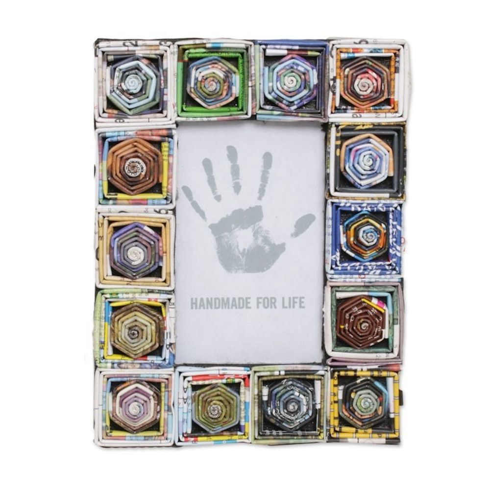 Artisan Crafted 3x5 Recycled Paper Frame Geometric Motifs 'Hexagonal Squares'