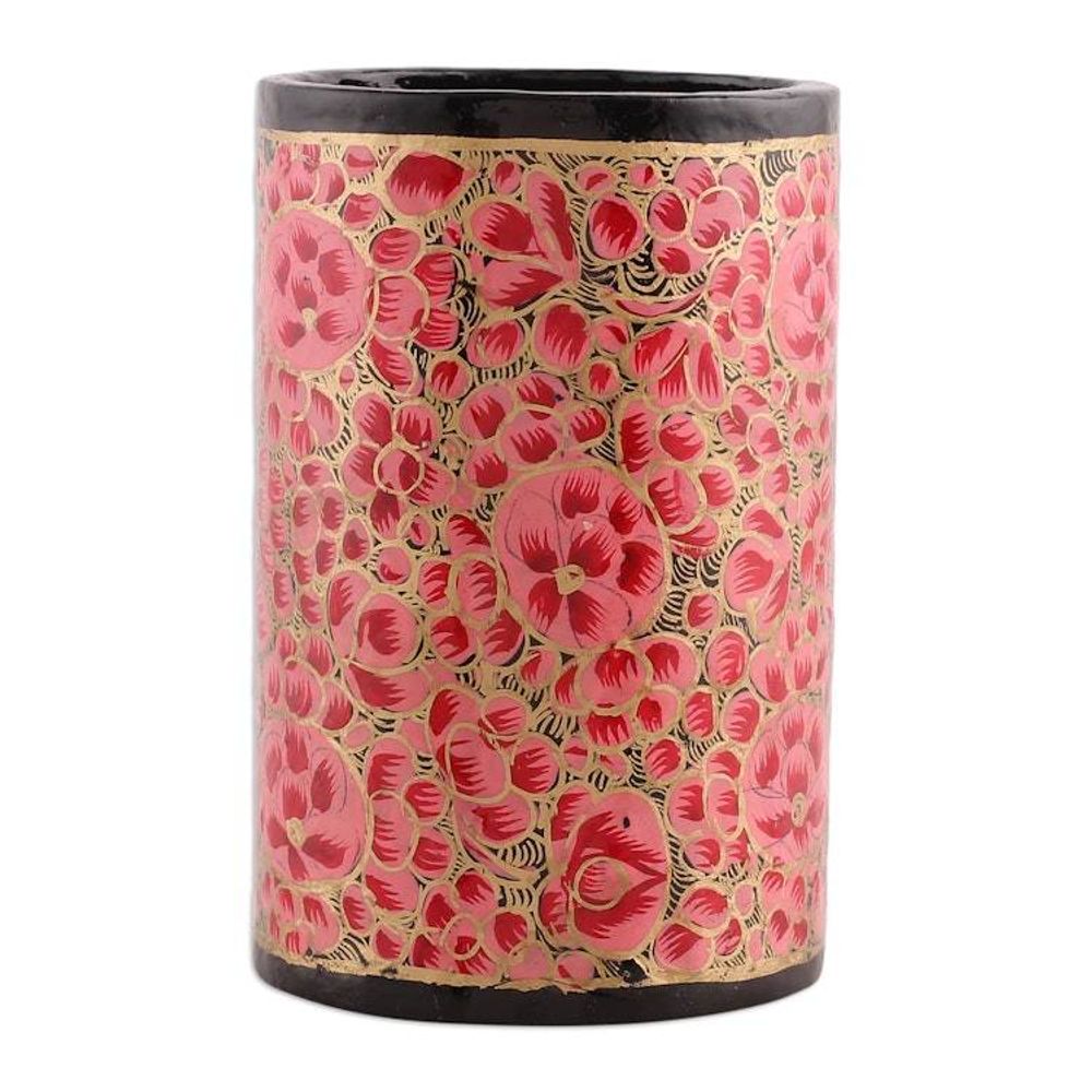 Round Pink and Golden Wood and Papier Mache Pen Holder 'Springtime Pink'