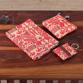 Leather-Accented Cotton Jacquard Journal Pouch Keychain Set 'Assam Beauty'