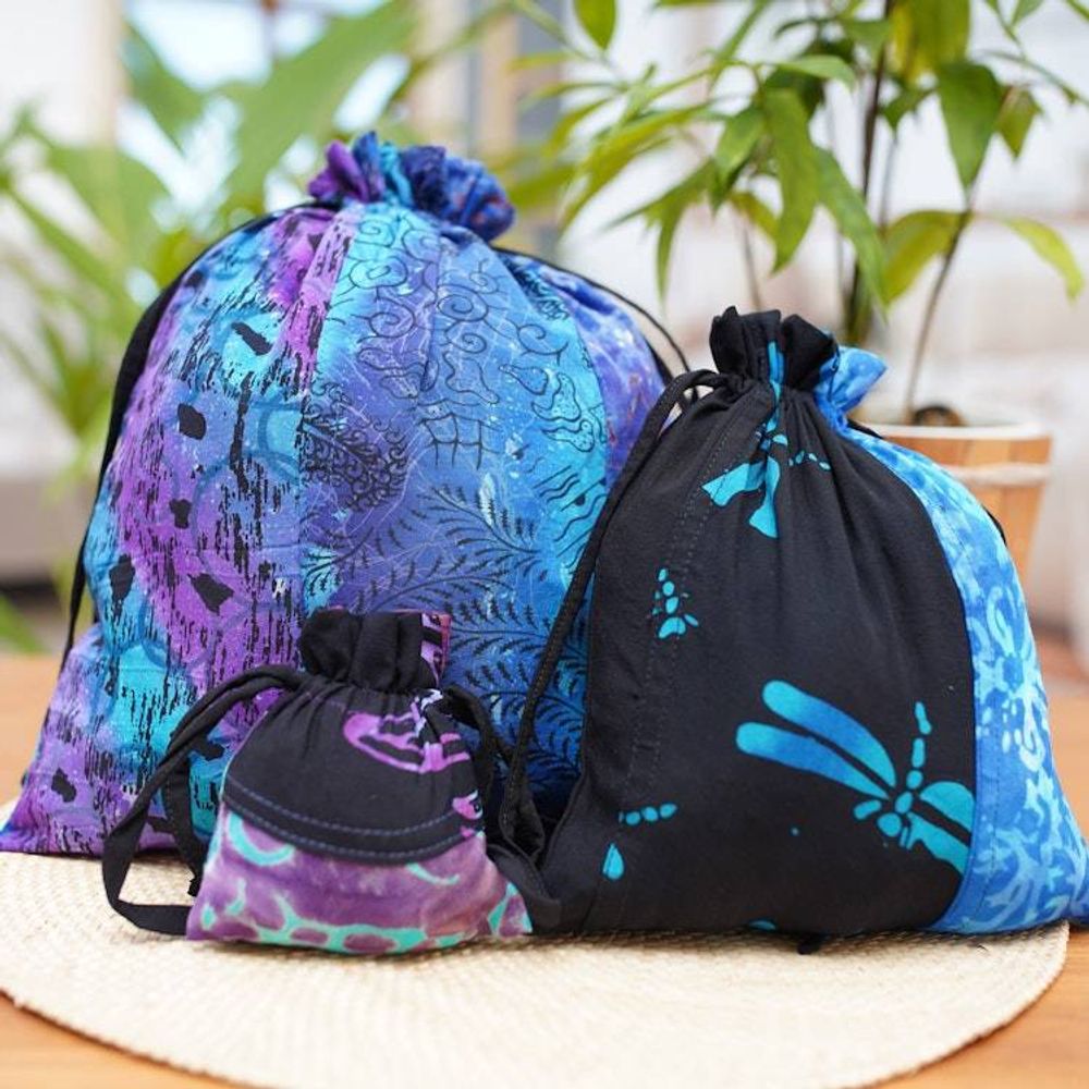 Balinese-Made Set of 3 Batik Patchwork Rayon Gift Pouches 'Nocturnal Fest'