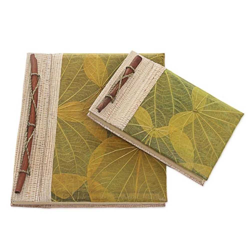 Handcrafted Pair of Rice Paper Notebooks from Indonesia 'Autumn Spirit in Olive'