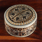 Leaf-Themed Round Papier Mache and Wood Decorative Box 'Kashmir Spectacle'