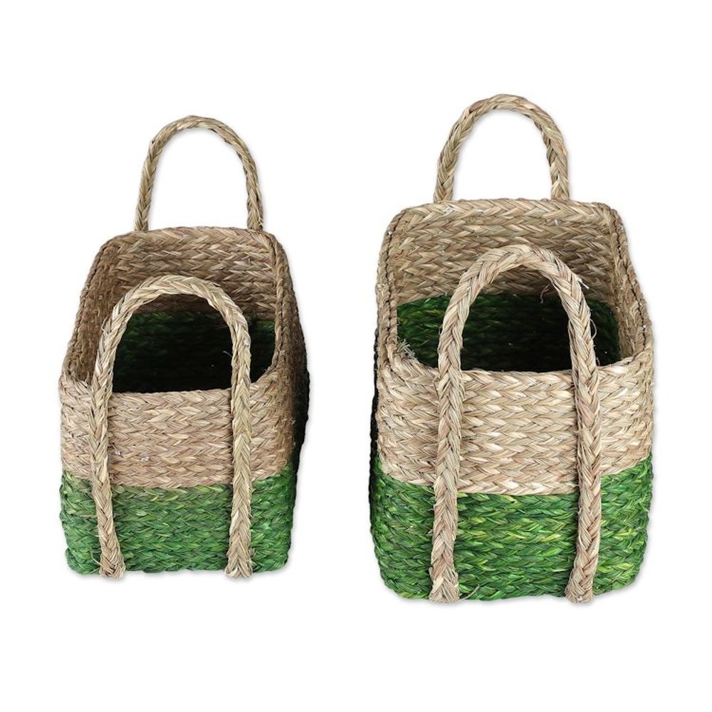 Handwoven Set of 2 Green and Beige Sabai Grass Fiber Baskets 'Green Call'