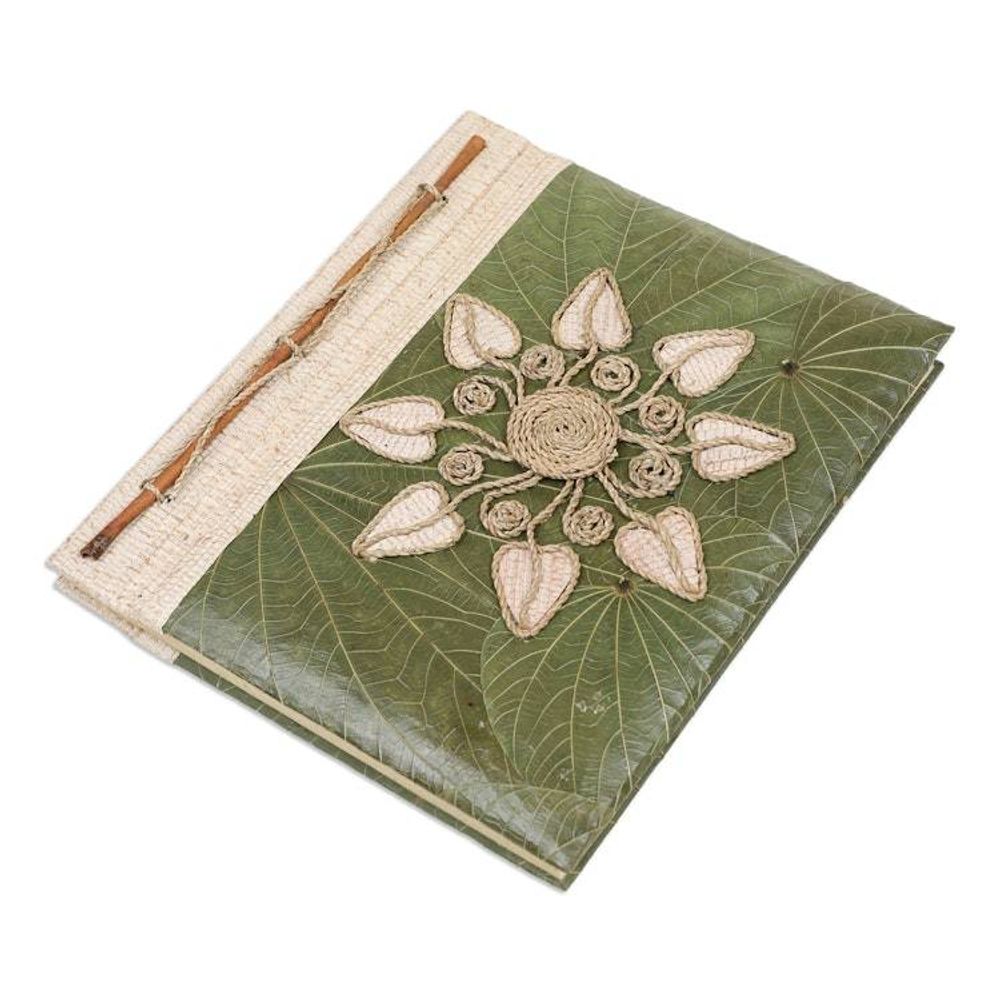 Handmade Natural Fiber Floral Journal with Green Leaves 'Magnolia Memories'
