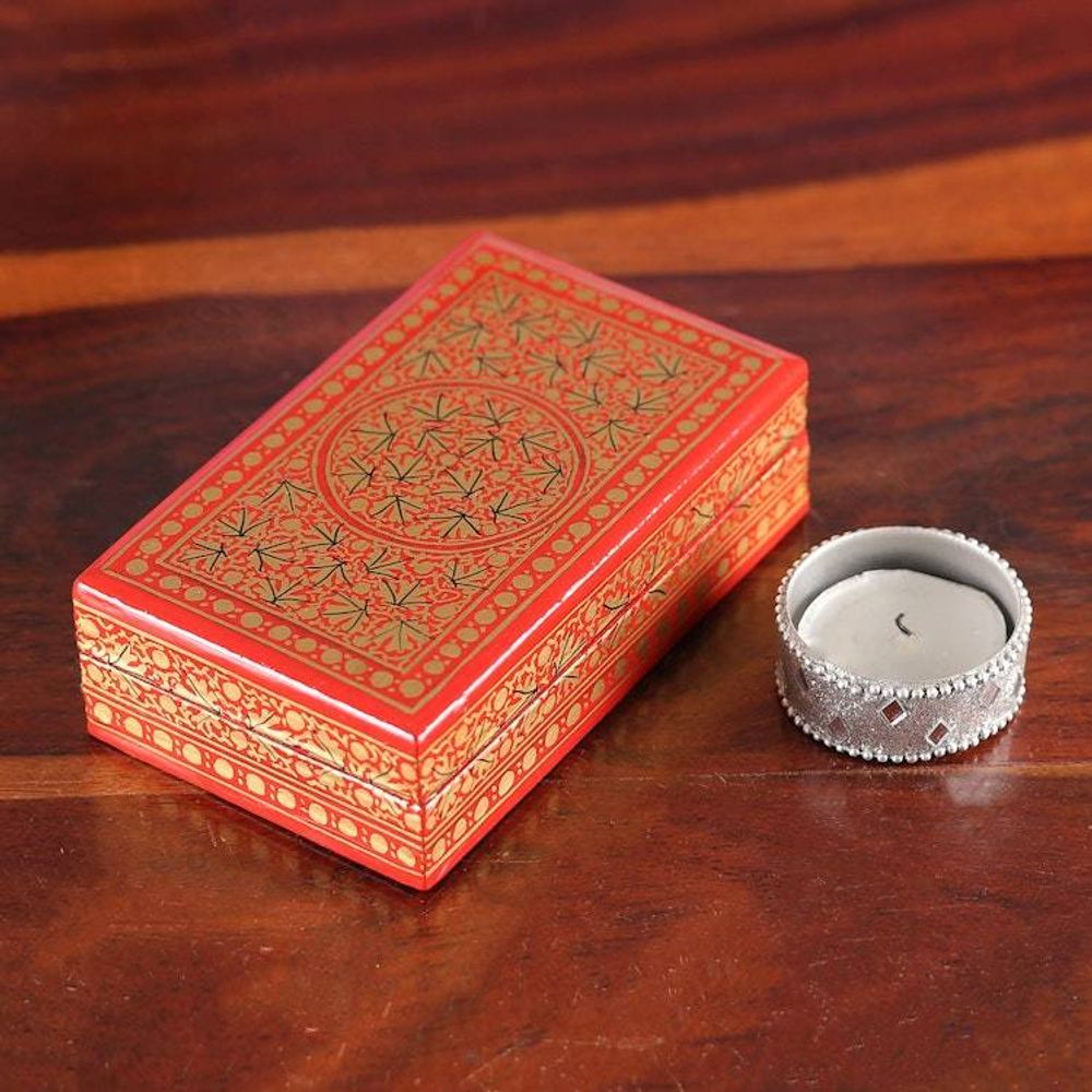 Hand-Painted Red Gold Papier Mache Wood Leaf Decorative Box 'Gilded Vine'