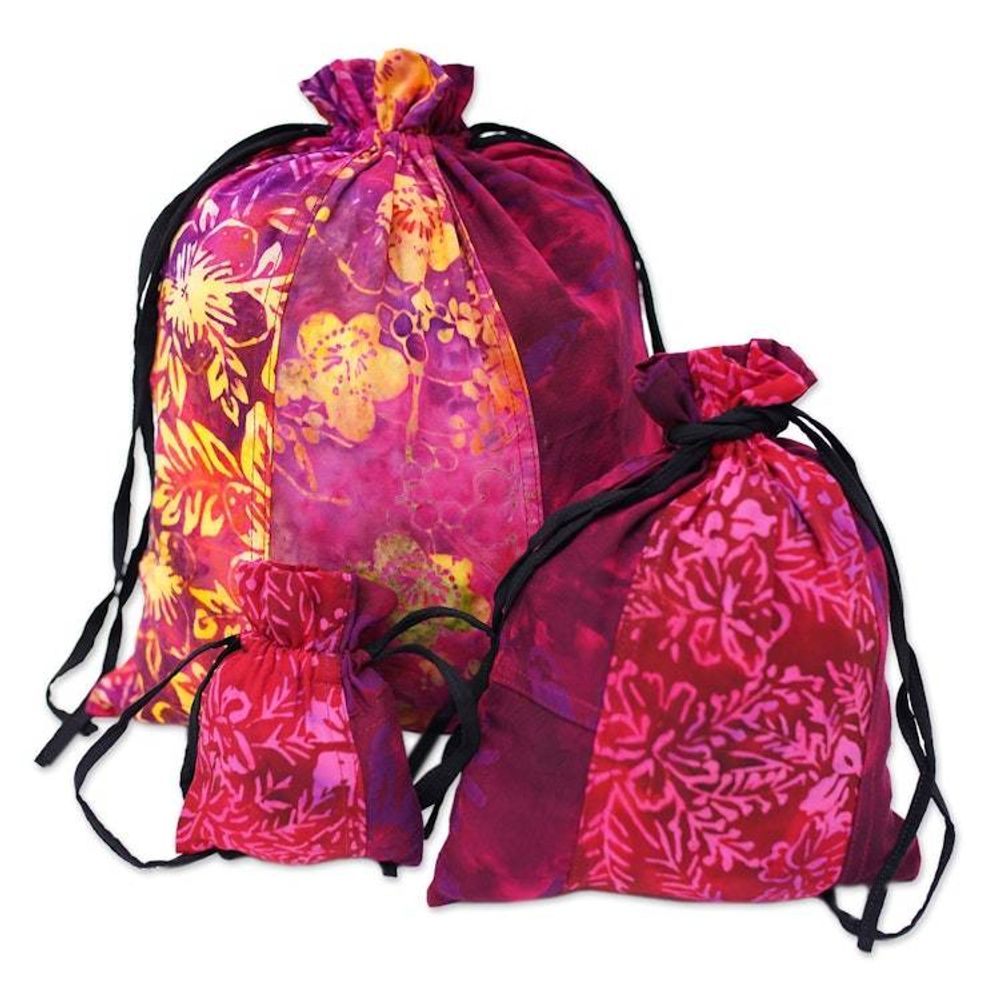 Upcycled Set of 3 Red and Pink Batik Patchwork Gift Pouches 'Flaming Joy'