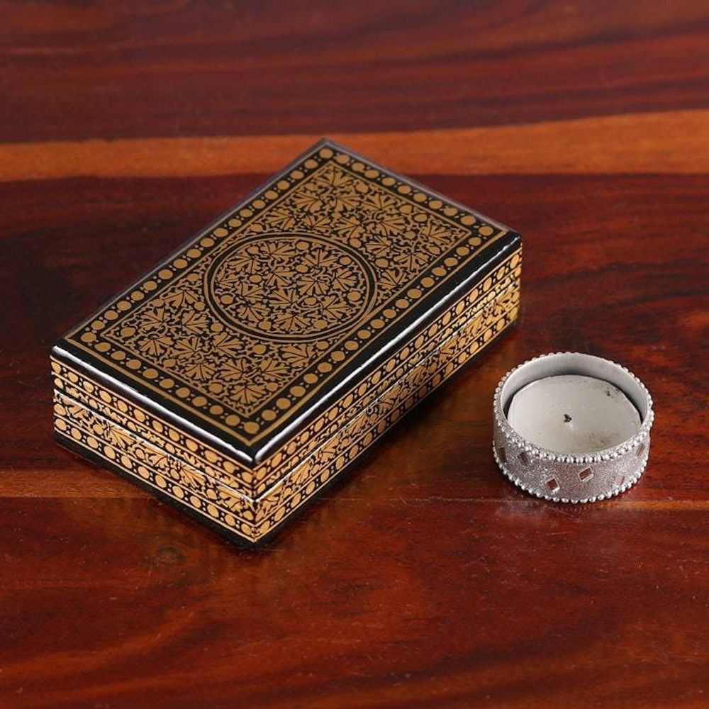 Blue Gold Papier Mache Wood Decorative Box with Floral Theme 'Valley Splendor'