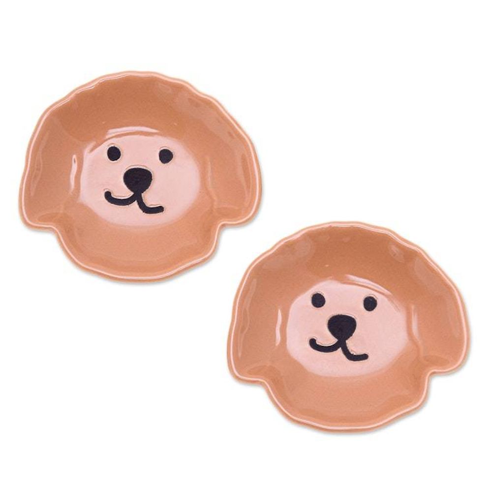 Poodle Puppy-Themed Glazed Ceramic Catchall Pair in Brown 'Poodle Tenderness'