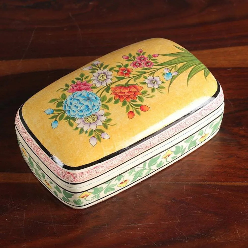 Summer-Themed Hand-Painted Yellow Papier Mache Jewelry Box 'Whispers of Summer'