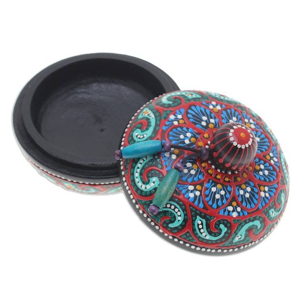 Traditional Thai Mango Wood Decorative Box in Red and Green 'Floral Marvel in Green'