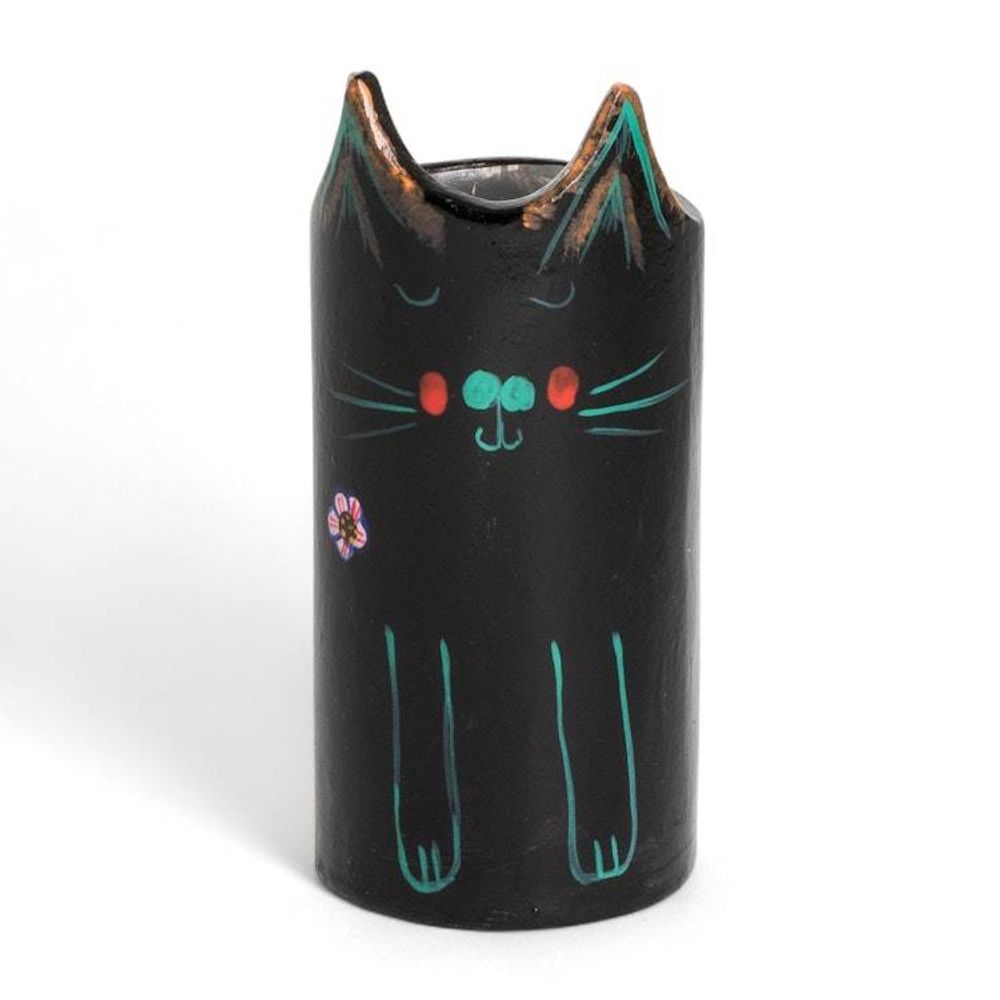 Cat-Themed Ceramic Decorative Vase Utensil and Pen Holder 'Petite Black Feline Organizer'