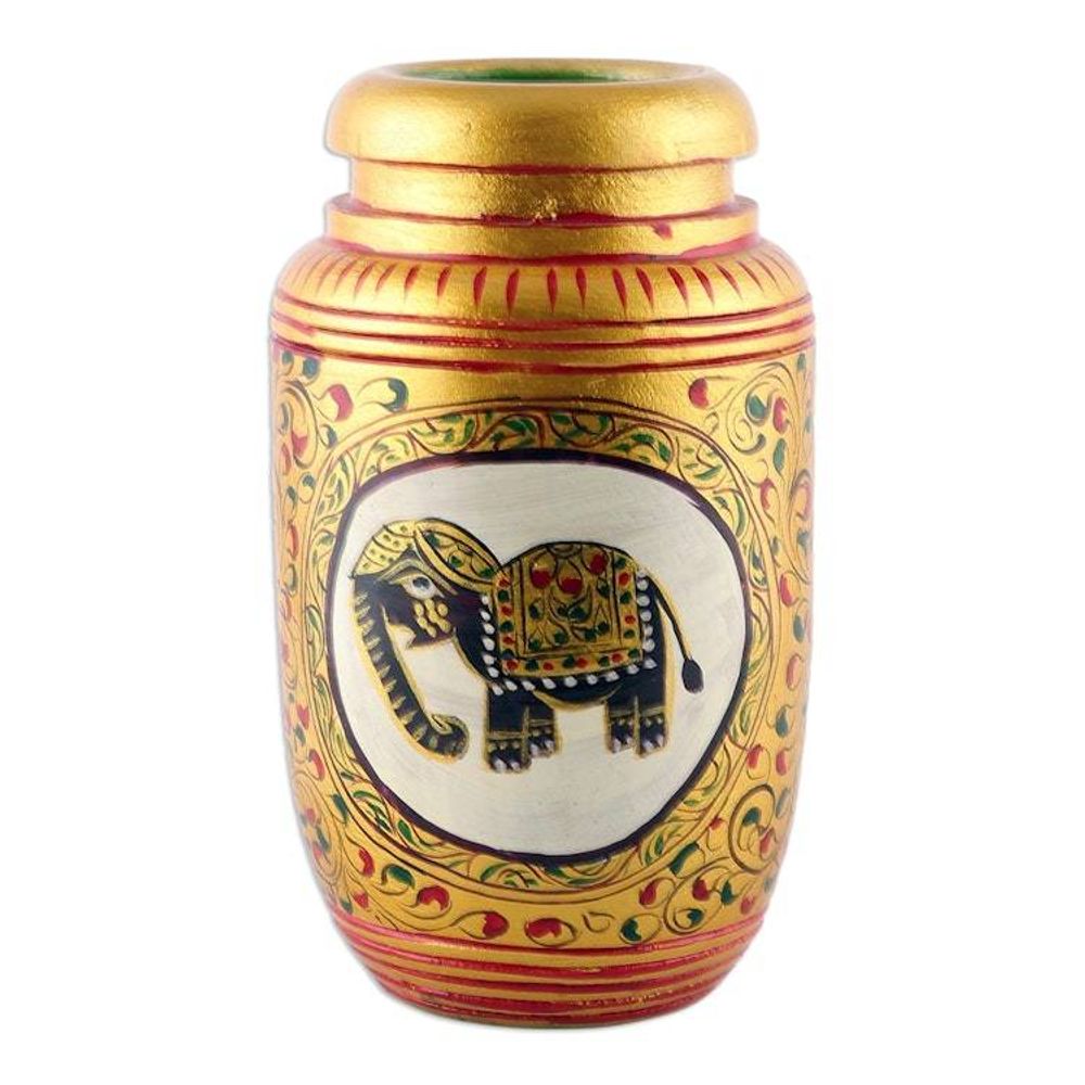 Classic Elephant-Themed Golden Kadam Wood Pen Holder 'Glory of the Jungle'