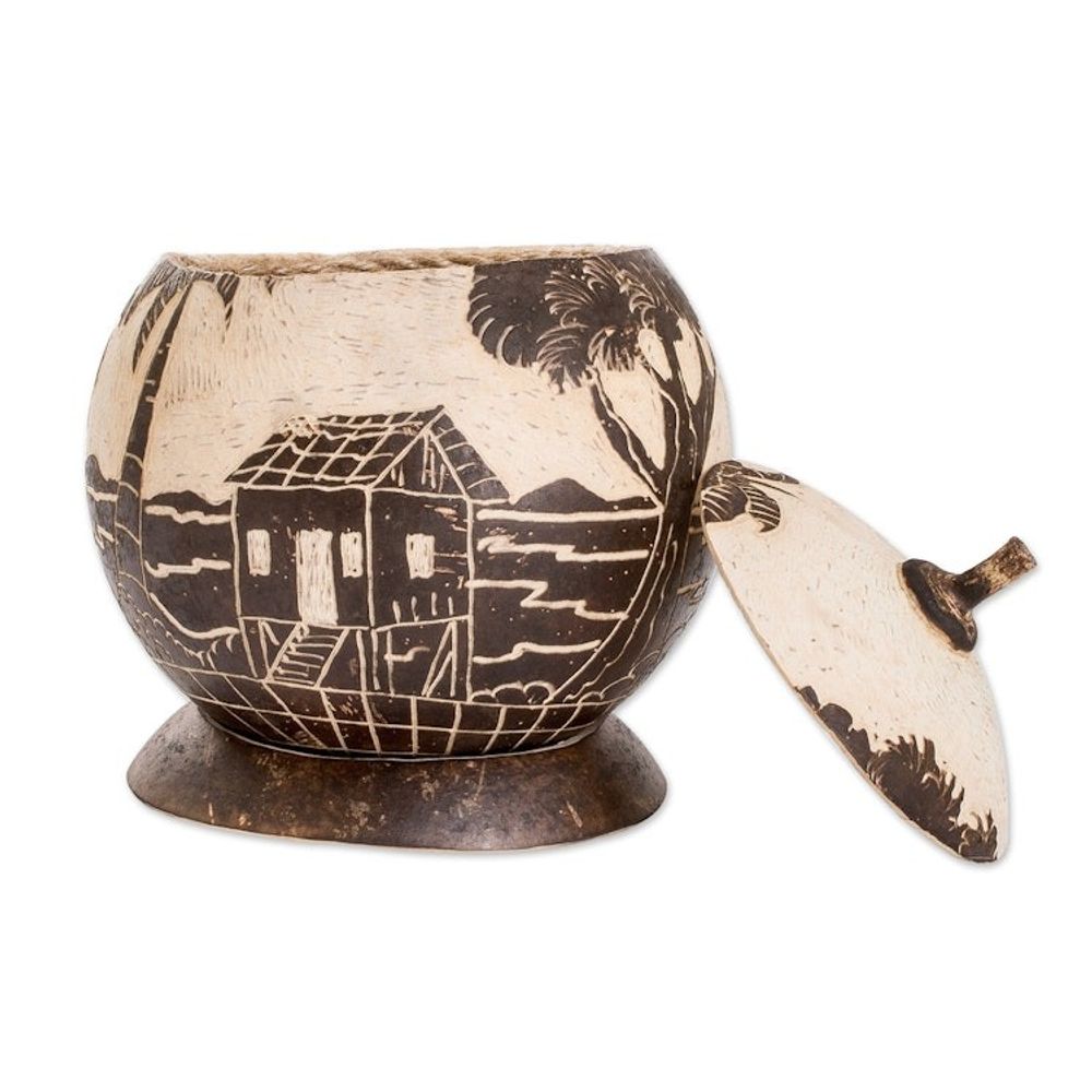 Handmade Round Dried Gourd Caribbean Town Decorative Accent 'Caribbean Landscape'