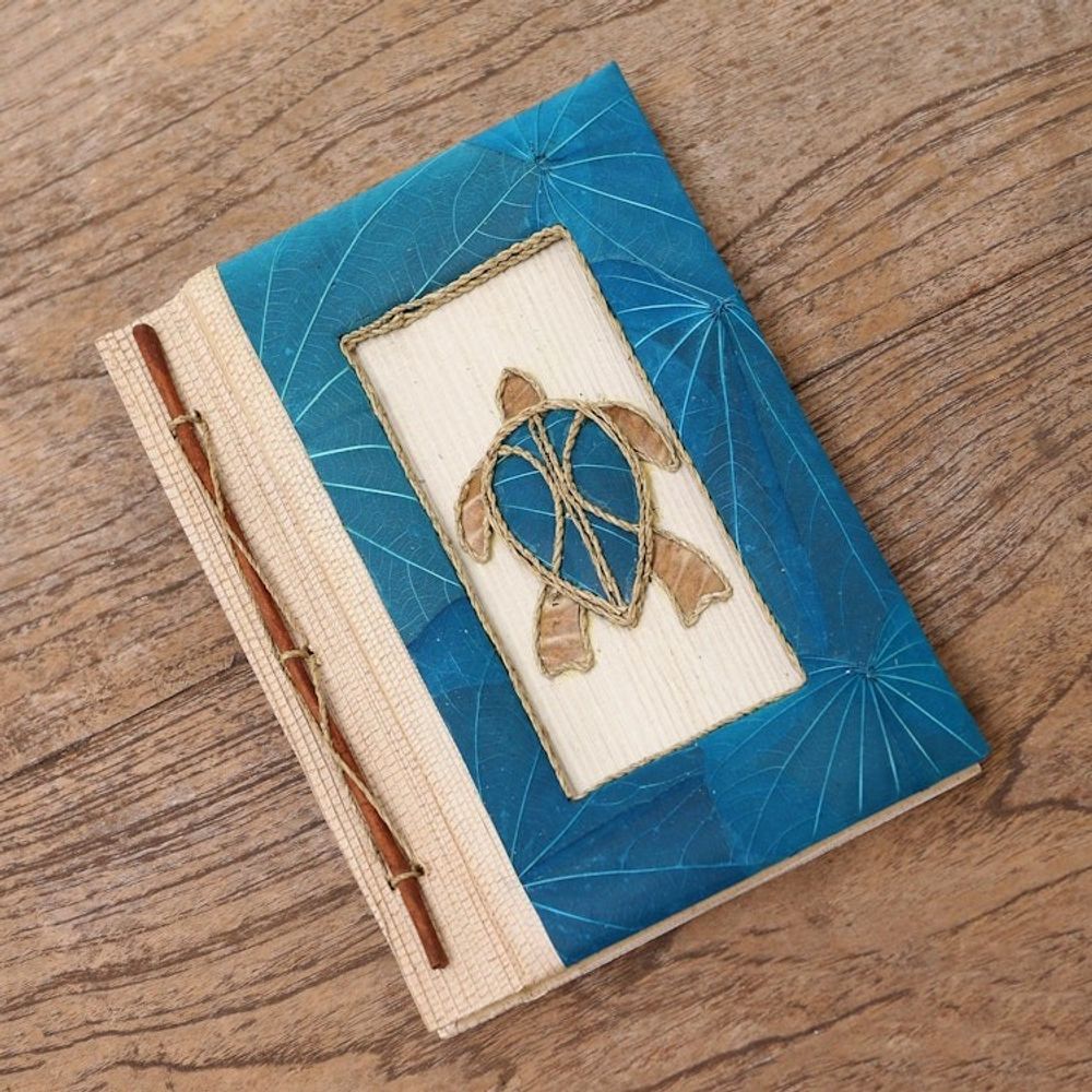 Blue Natural Fiber Turtle-Motif Journal 'Tortoise Thoughts in Blue'