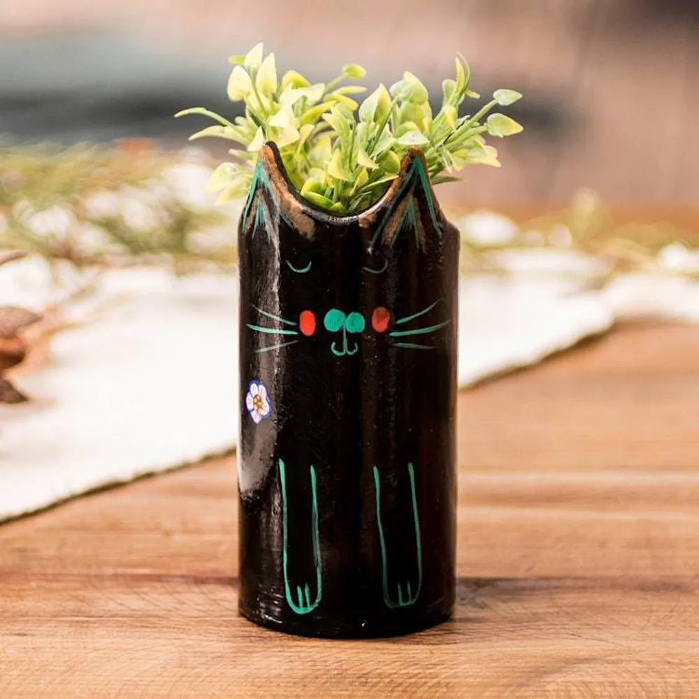 Cat-Themed Ceramic Decorative Vase Utensil and Pen Holder 'Petite Black Feline Organizer'