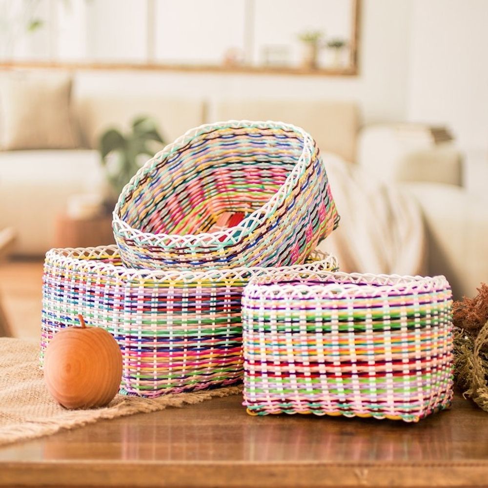 Set of 3 Eco-Friendly Handwoven Colorful Nesting Baskets 'Sustainable Organization'