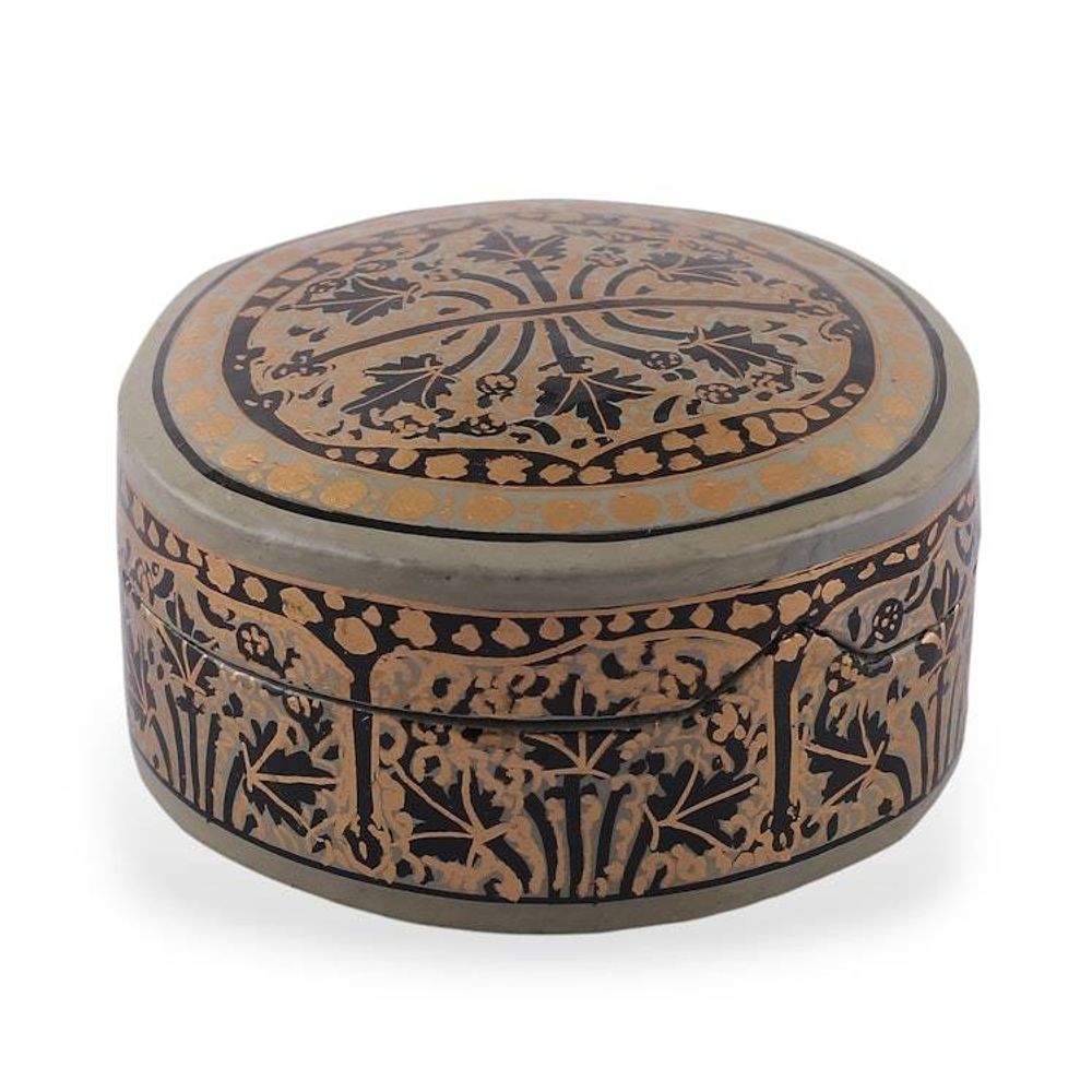 Leaf-Themed Round Papier Mache and Wood Decorative Box 'Kashmir Spectacle'
