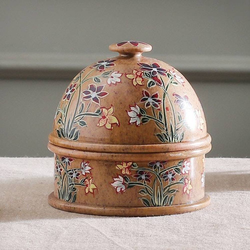 Hand-Painted Floral and Leaf-Themed Soapstone Decorative Jar 'Floral Kisses'
