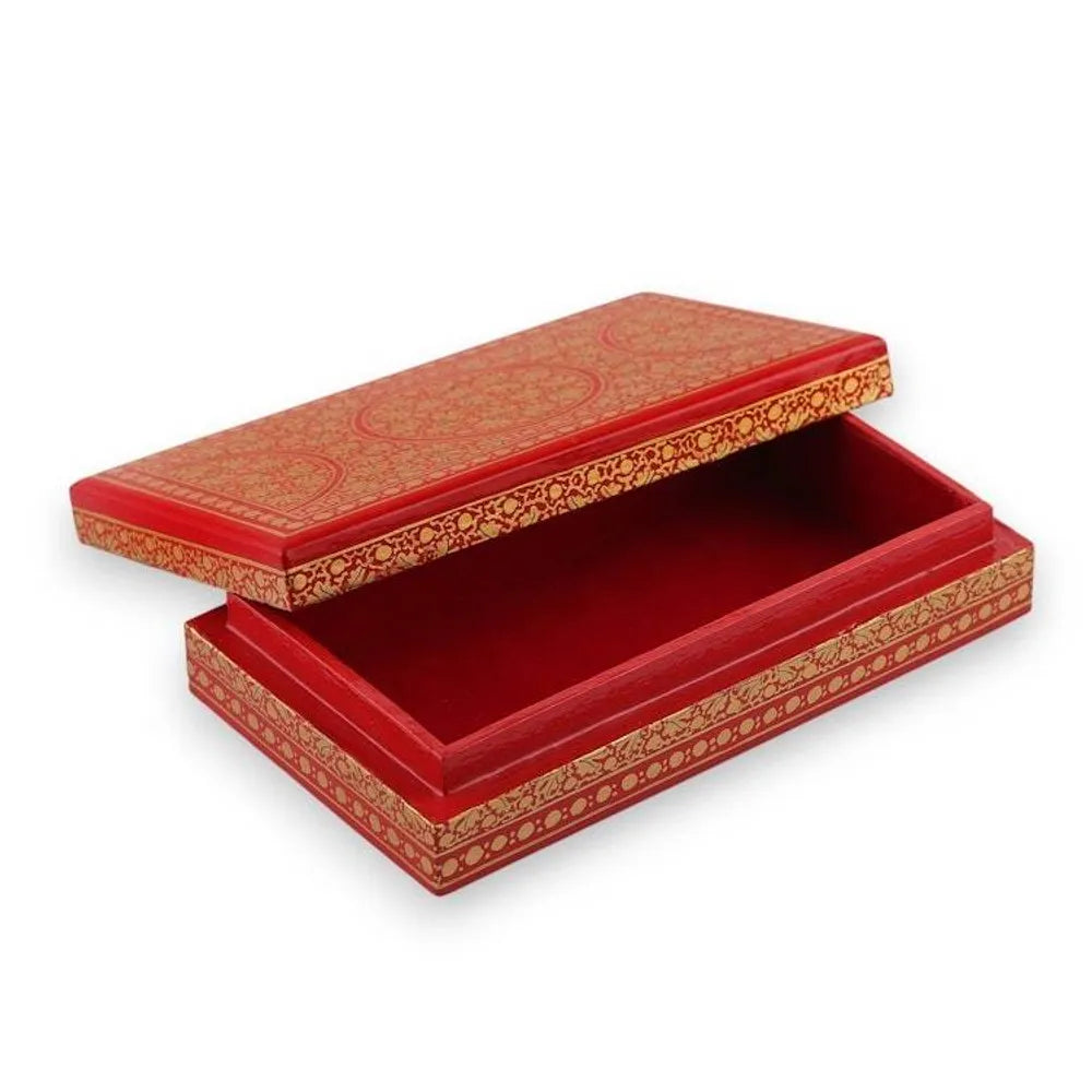 Red Gold Rectangular Papier Mache Wood Leaf Decorative Box 'Golden Vine'