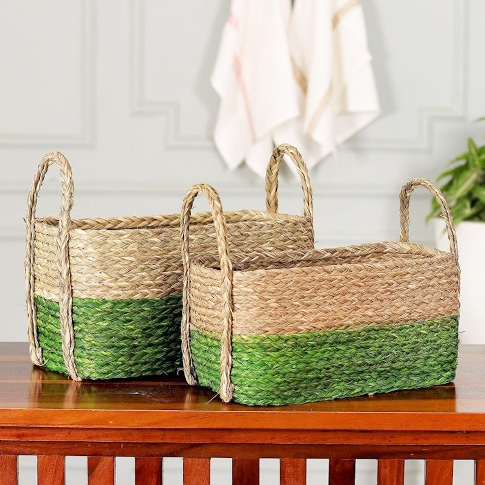 Handwoven Set of 2 Green and Beige Sabai Grass Fiber Baskets 'Green Call'