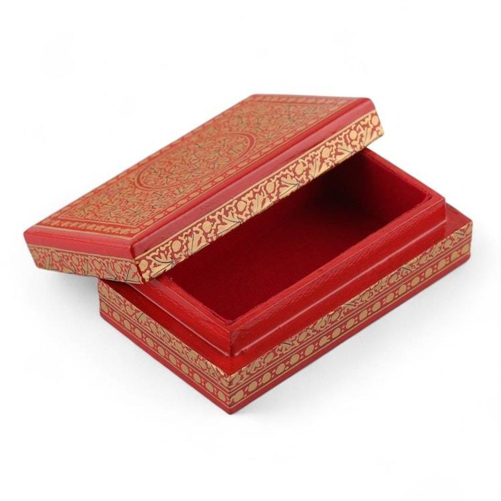 Hand-Painted Red Gold Papier Mache Wood Leaf Decorative Box 'Gilded Vine'