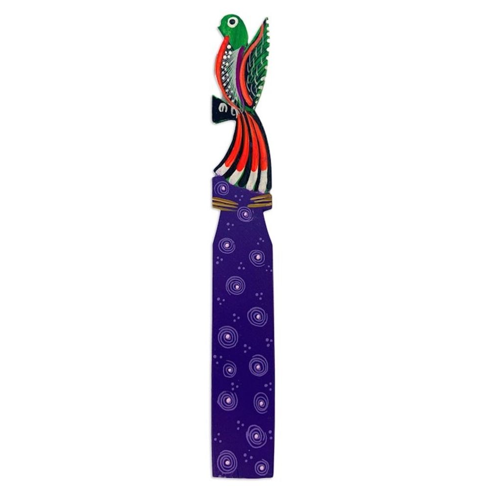Handmade Multicolor Copal Wood Bookmark with Mexican Quetzal 'Reading Quetzal'