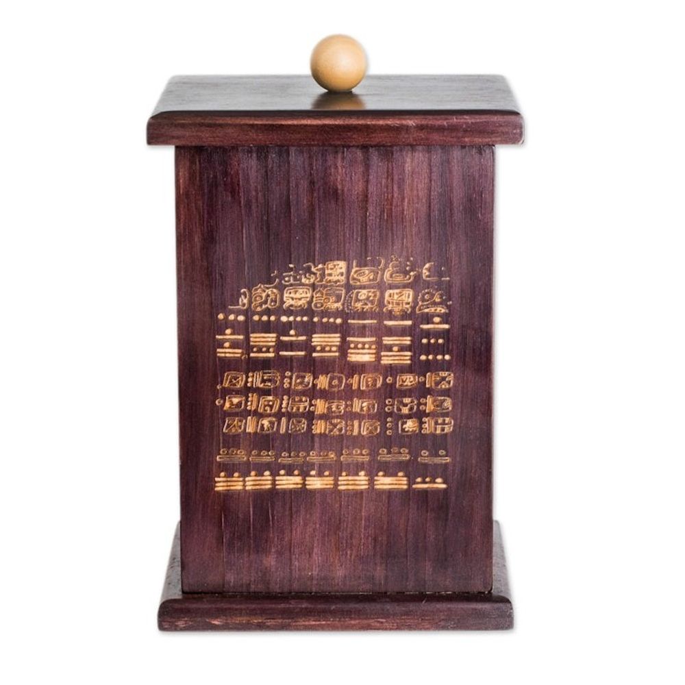 Pinewood Decorative Box with Pyrography Mayan Motif 'Dresden Codex'