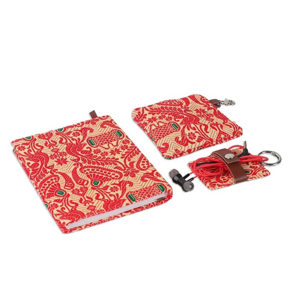 Leather-Accented Cotton Jacquard Journal Pouch Keychain Set 'Assam Beauty'