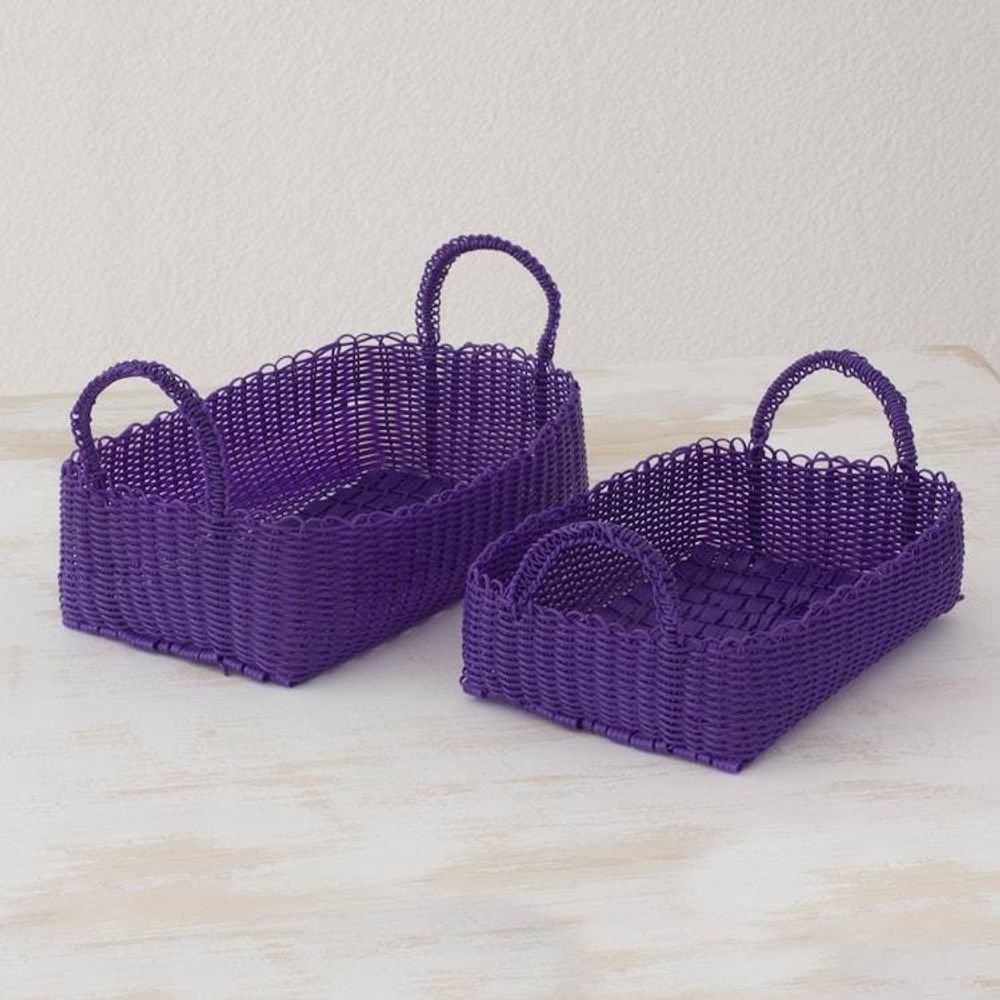 Two Recycled Handwoven Baskets in Purple from Guatemala 'Home Warmth in Regal Purple'