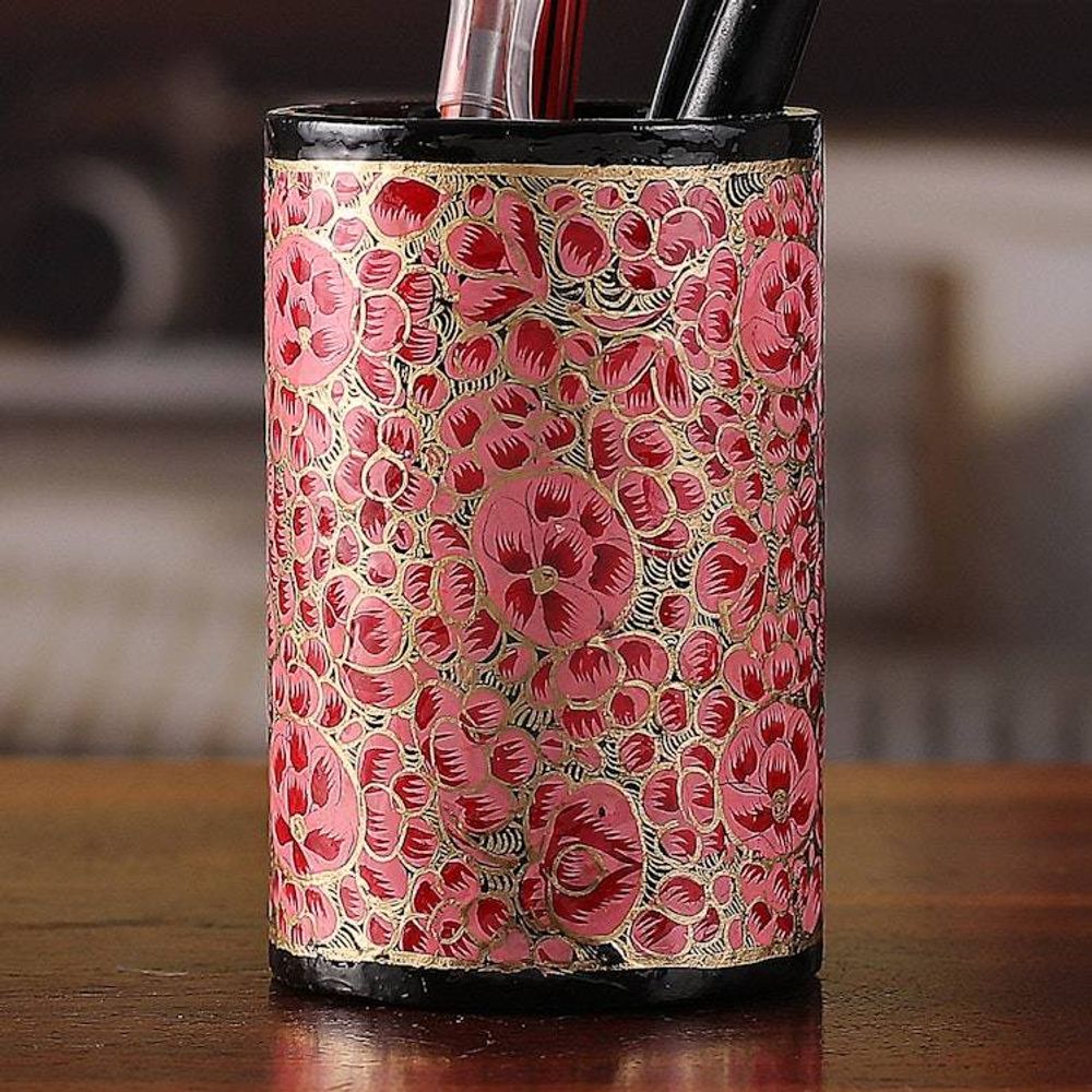 Round Pink and Golden Wood and Papier Mache Pen Holder 'Springtime Pink'