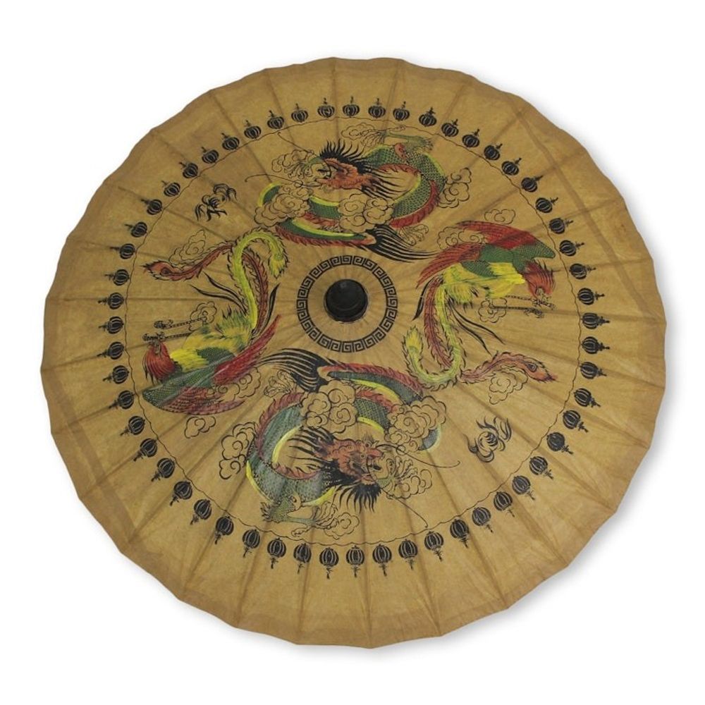 Hand Made Paper and Bamboo Parasol 'Dragons and Peacocks'