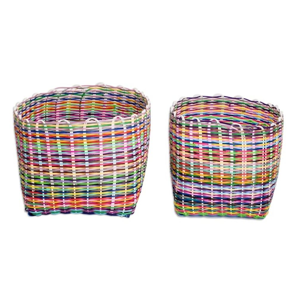 Set of 2 Handcrafted Colorful Recycled Plastic Baskets 'Eco-Joy'