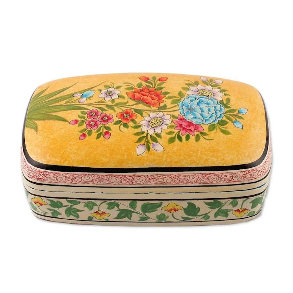 Summer-Themed Hand-Painted Yellow Papier Mache Jewelry Box 'Whispers of Summer'