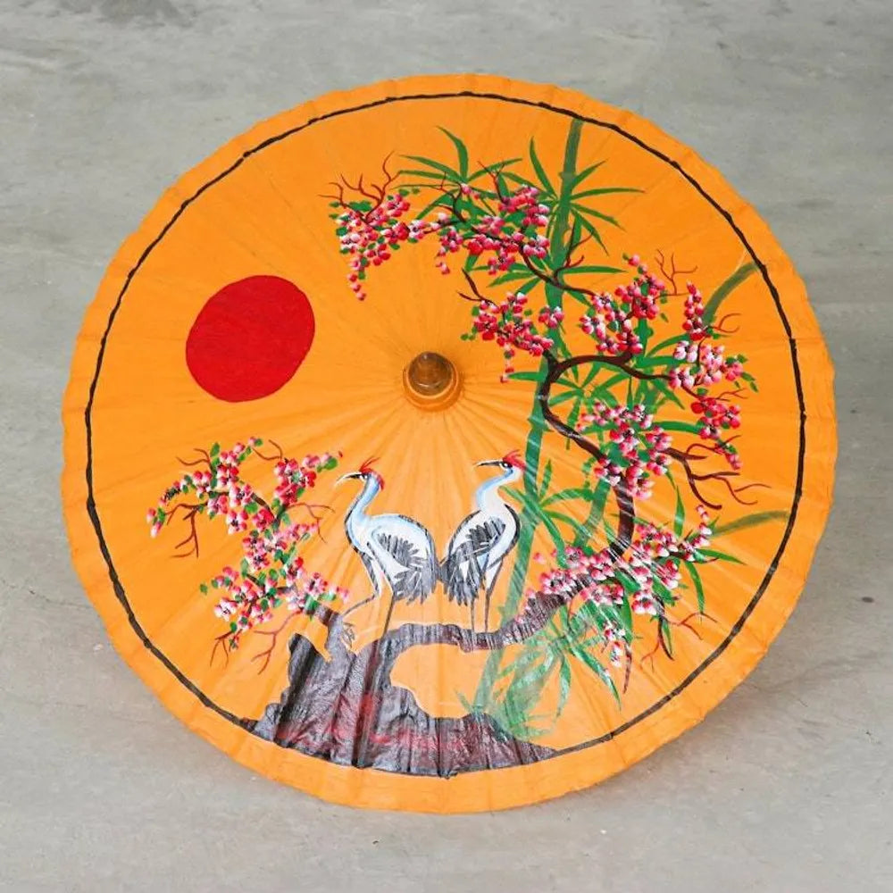 Hand-Painted Yellow Crane-Motif Parasol 'Peace Cranes in Orange'