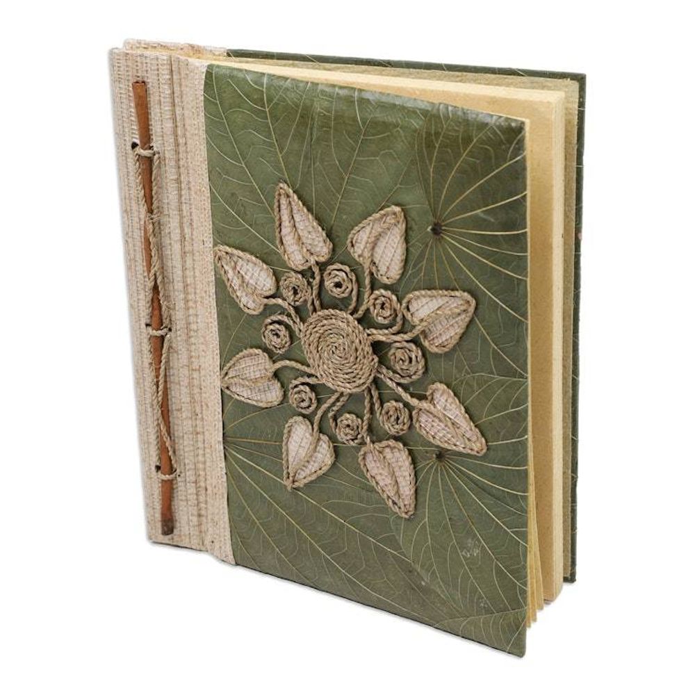 Handmade Natural Fiber Floral Journal with Green Leaves 'Magnolia Memories'